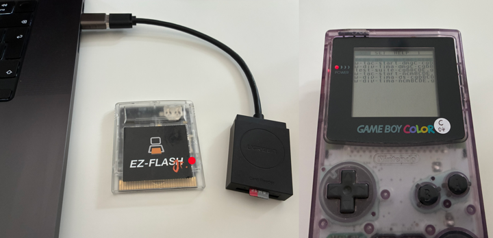 Laptop with microSD card, EZ-Flash Junior, and the selection menu on a Game Boy Color